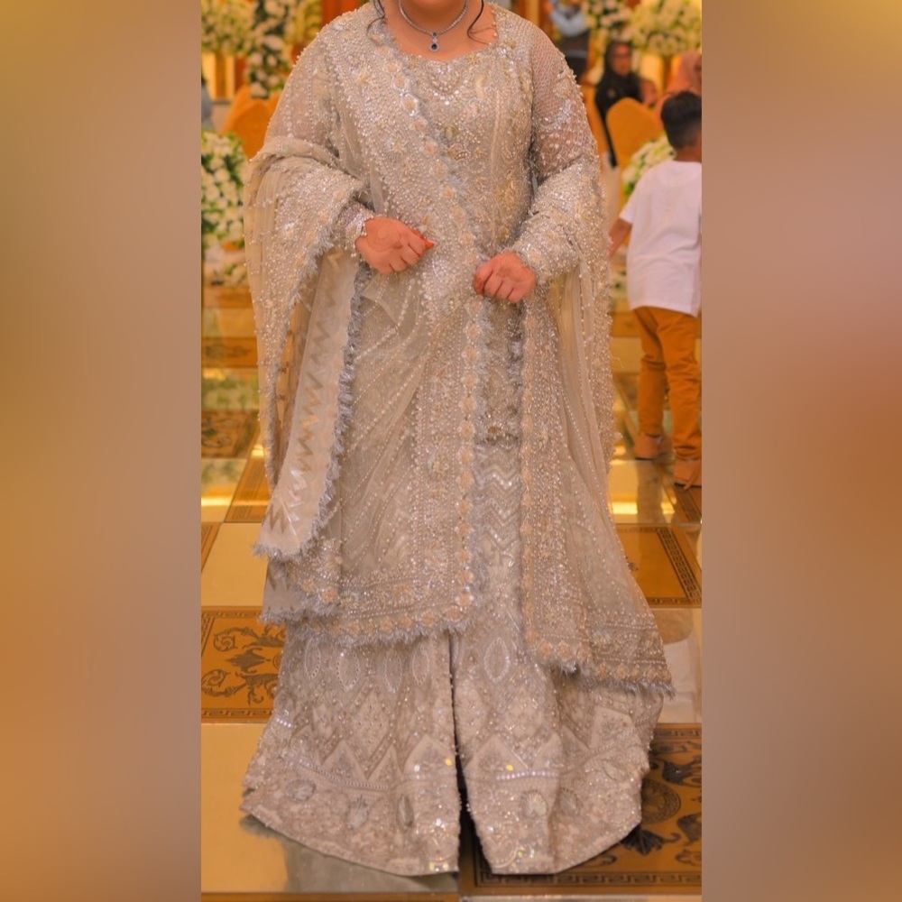 Elegant Silver Embellished ghara/sharara. Original Soraya designer dress in XL.